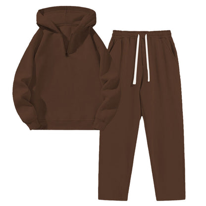KZZ Men's solid color half zipper hooded casual pants two-piece set