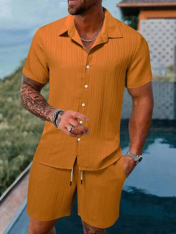 KZZ Men's Textured Crinkle Camping Shirt & Shorts Set