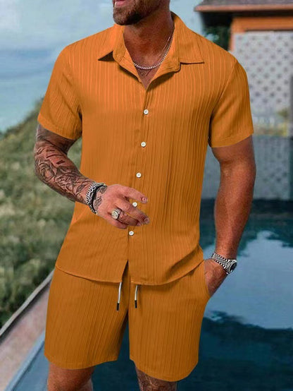 KZZ Men's Textured Crinkle Camping Shirt & Shorts Set