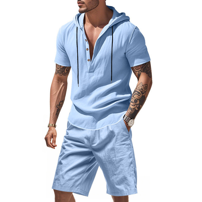 KZZ Men's Linen Hooded Two-Piece Set