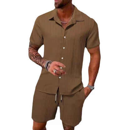 KZZ Men's Textured Crinkle Camping Shirt & Shorts Set