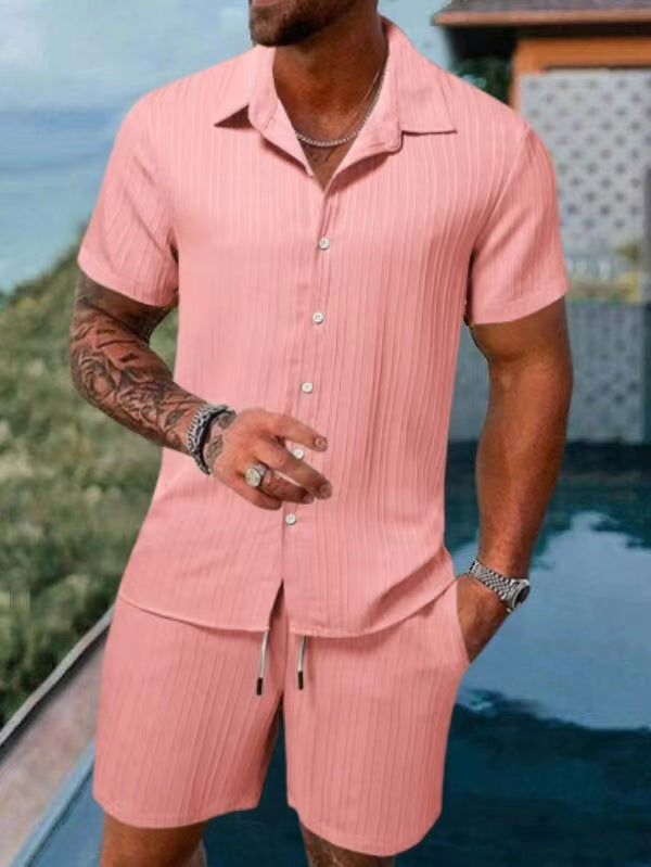 KZZ Men's Textured Crinkle Camping Shirt & Shorts Set
