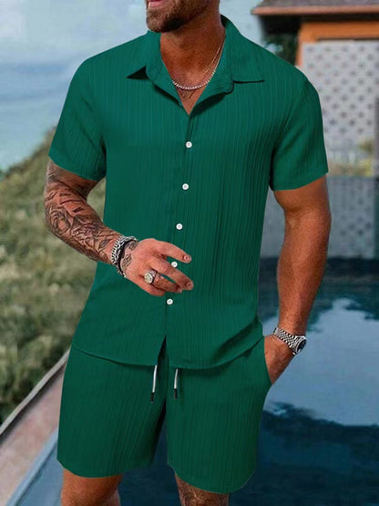 KZZ Men's Textured Crinkle Camping Shirt & Shorts Set