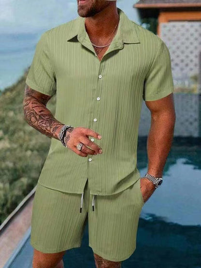 KZZ Men's Textured Crinkle Camping Shirt & Shorts Set