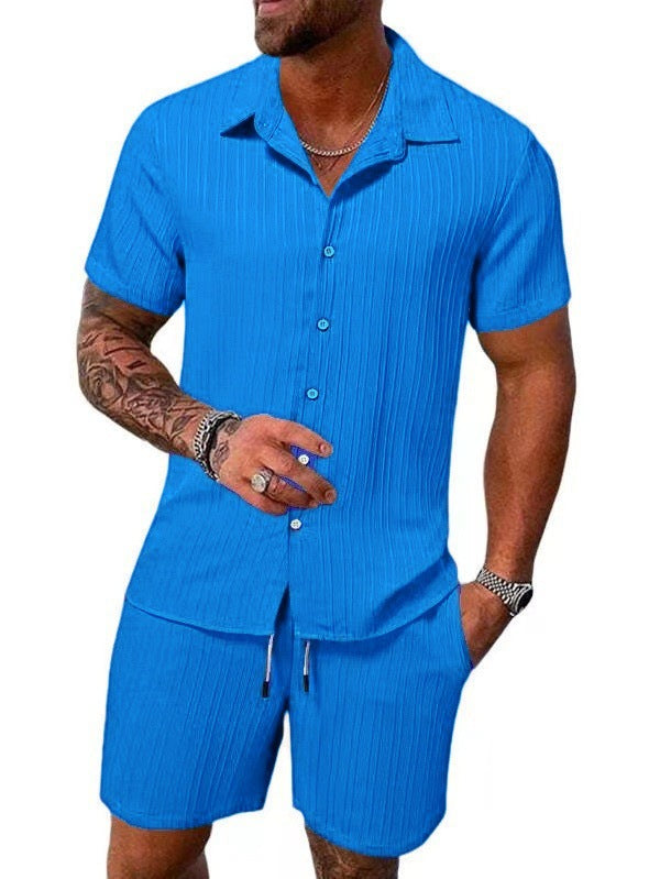 KZZ Men's Textured Crinkle Camping Shirt & Shorts Set