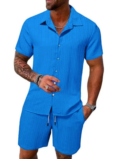 KZZ Men's Textured Crinkle Camping Shirt & Shorts Set