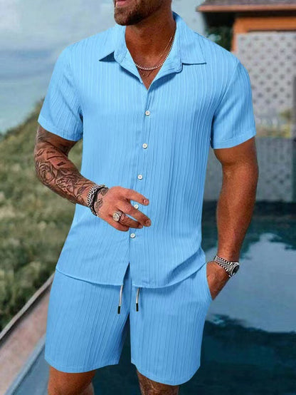 KZZ Men's Textured Crinkle Camping Shirt & Shorts Set