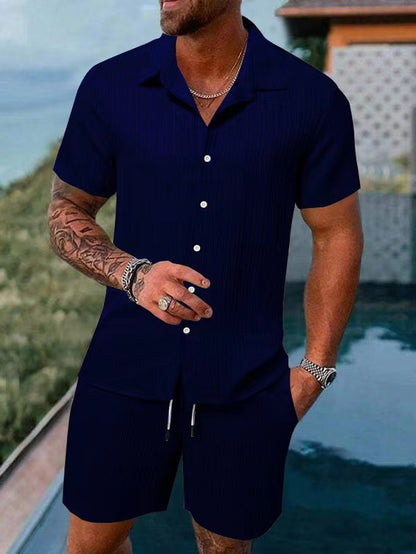KZZ Men's Textured Crinkle Camping Shirt & Shorts Set