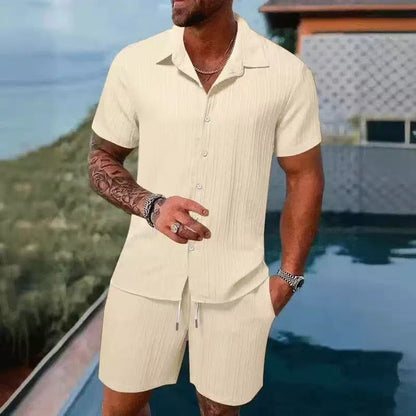 KZZ Men's Textured Crinkle Camping Shirt & Shorts Set