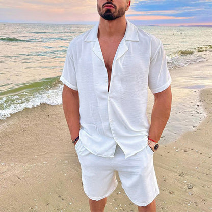 KZZ Men's Solid Color Shirt and Elastic Waist Shorts Set
