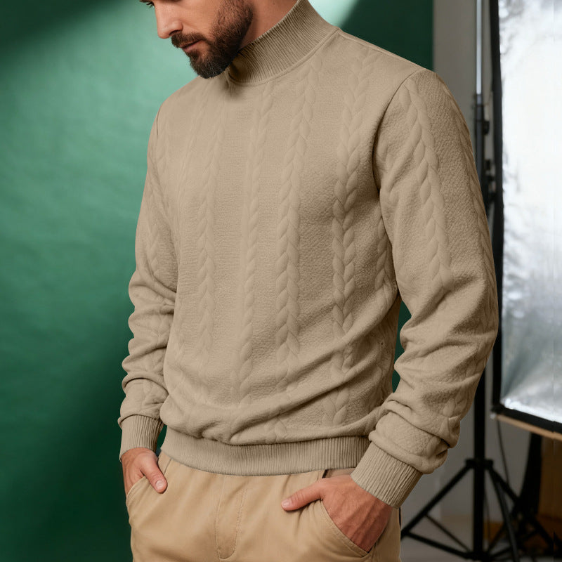 KZZ Men's solid color knitted jacquard turtleneck sweater