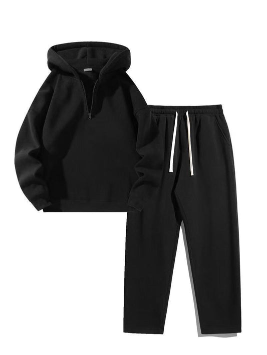 KZZ Men's solid color half zipper hooded casual pants two-piece set