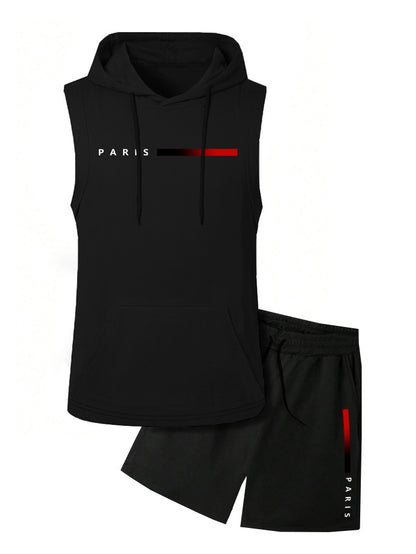 KZZ Two-Piece Set Men's Letter Print Hooded Vest & Drawstring Waist Shorts Set