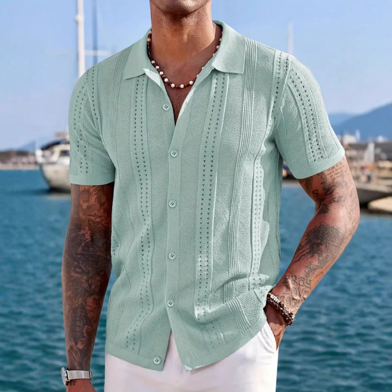 KZZ Men's solid color lapel hollowed-out breathable short-sleeved top
