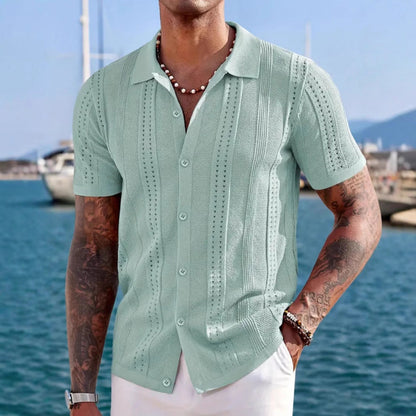 KZZ Men's solid color lapel hollowed-out breathable short-sleeved top