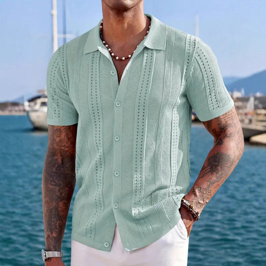 KZZ Men's solid color lapel hollowed-out breathable short-sleeved top