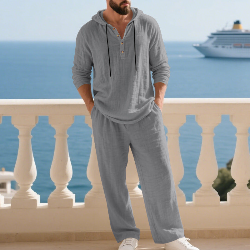 KZZ Men's Trendy Linen Hooded Two-Piece Set, Loose Fit Breathable Fabric, Hoodie & Wide-Leg Pants