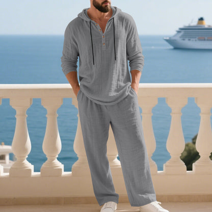 KZZ Men's Trendy Linen Hooded Two-Piece Set, Loose Fit Breathable Fabric, Hoodie & Wide-Leg Pants
