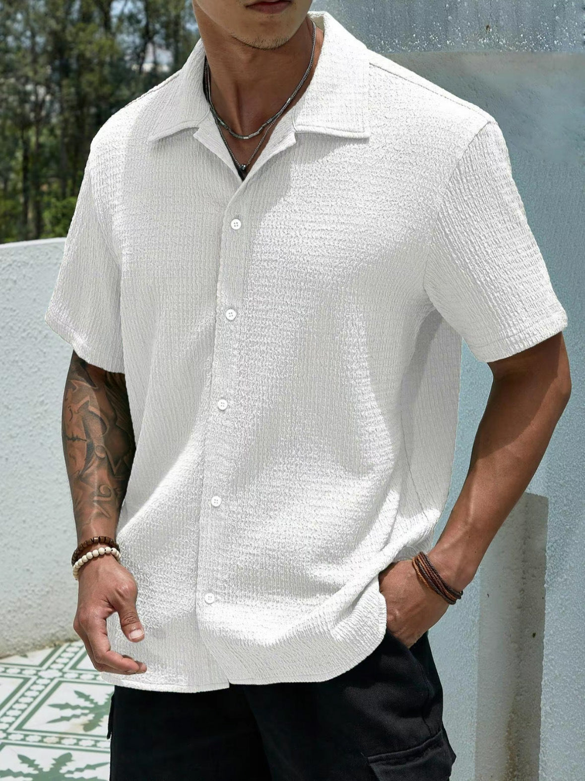 KZZ Men's Casual Button Down Textured Button Front Shirt