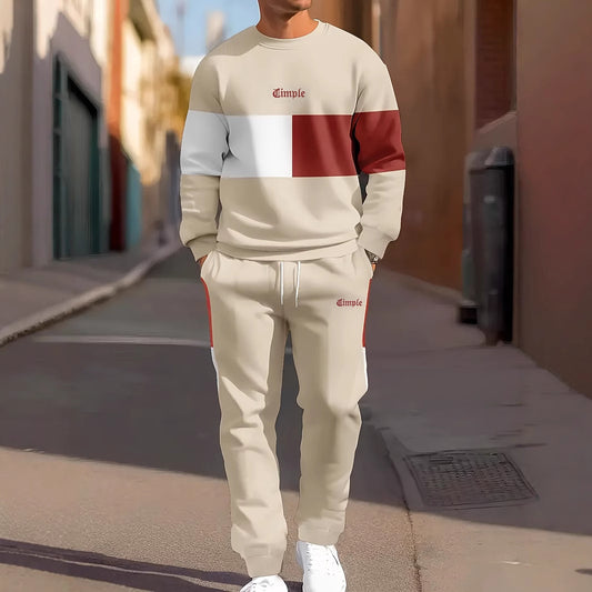 KZZ Men's Patchwork Letter Print Sweatshirt & Drawstring Waist Sweatpants Set