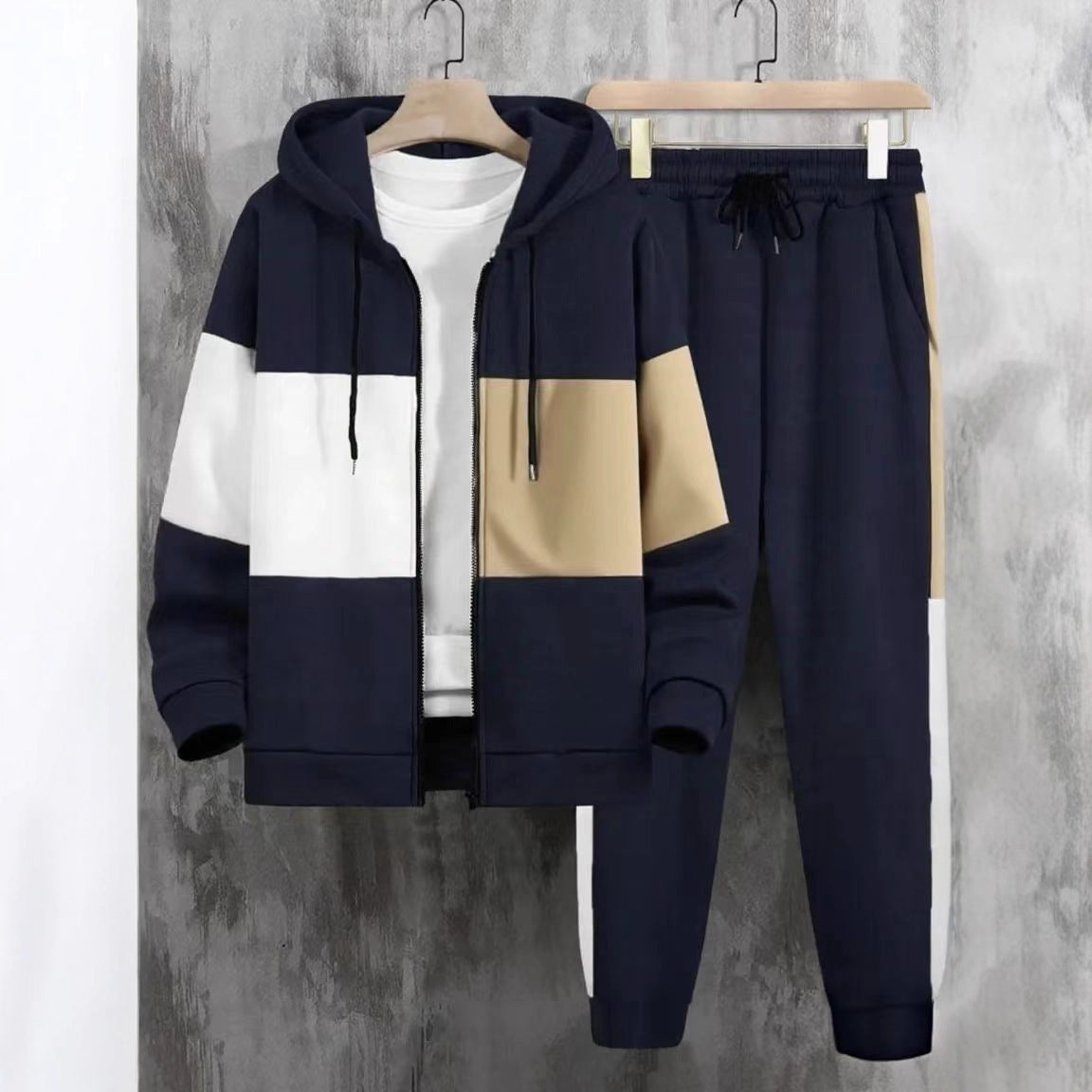 KZZ Men's clothing, two-piece contrasting long sleeved zipper hooded jacket and drawstring pants