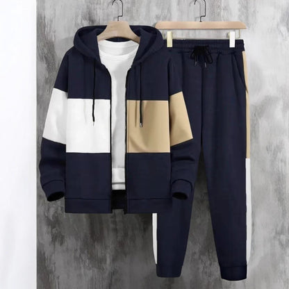KZZ Men's clothing, two-piece contrasting long sleeved zipper hooded jacket and drawstring pants