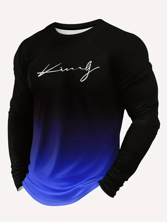 KZZ Men's Casual Long Sleeve T-Shirt, Gradient Color Round Neck, Letter Print Design