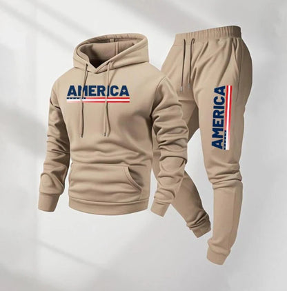 KZZ Men's America Letter Printed Hoodie and Drawstring Sweatpants Set