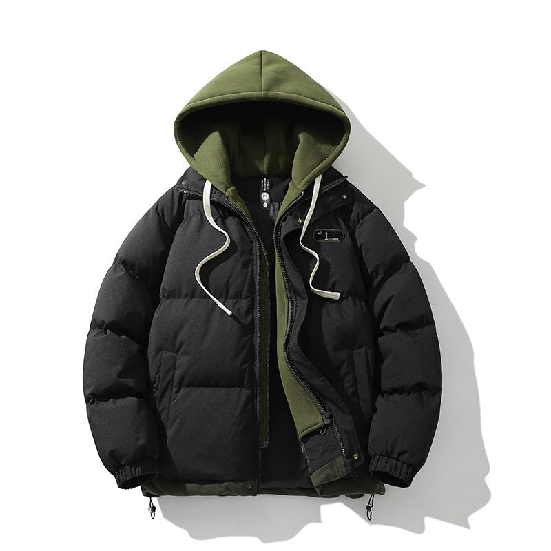 KZZ Hooded Casual Winter Men's Jacket Fake Two-Piece Design Detachable Hat