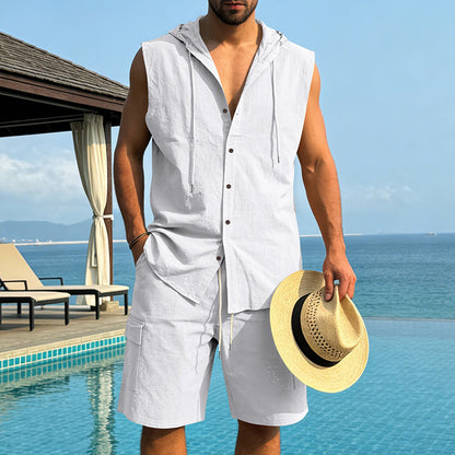 KZZ Loose-Fit, Breathable Linen Summer Set: Hooded Sleeveless Shirt & Cargo Shorts
