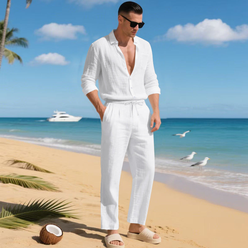 KZZ Men's Summer Linen Shirt & Pants Set