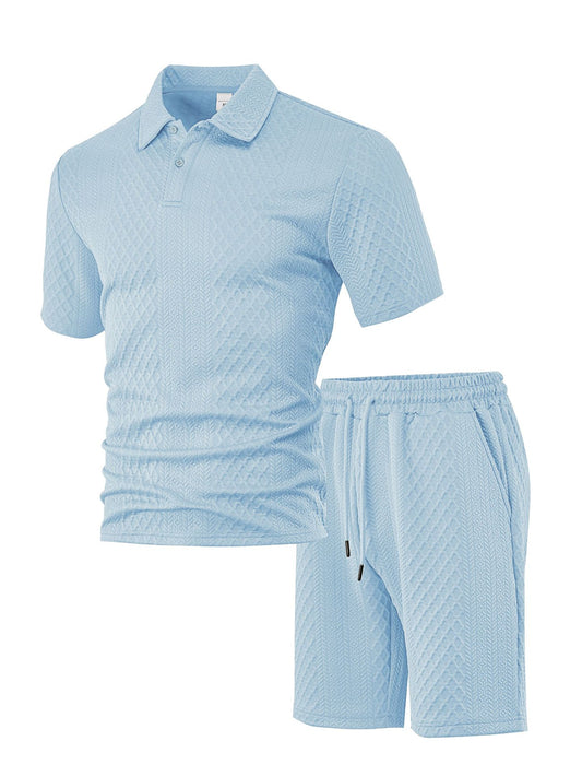 KZZ Men's Solid Polo Shirt & Drawstring Waist Shorts Set