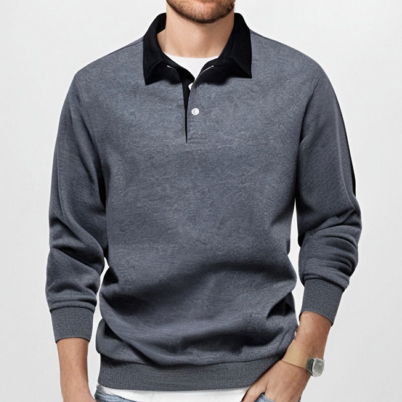 KZZ Men's Loose Fit Colorblock Collar Long Sleeve Polo Shirt