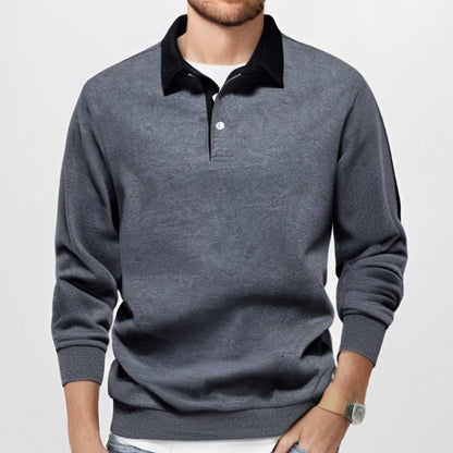 KZZ Men's Loose Fit Colorblock Collar Long Sleeve Polo Shirt