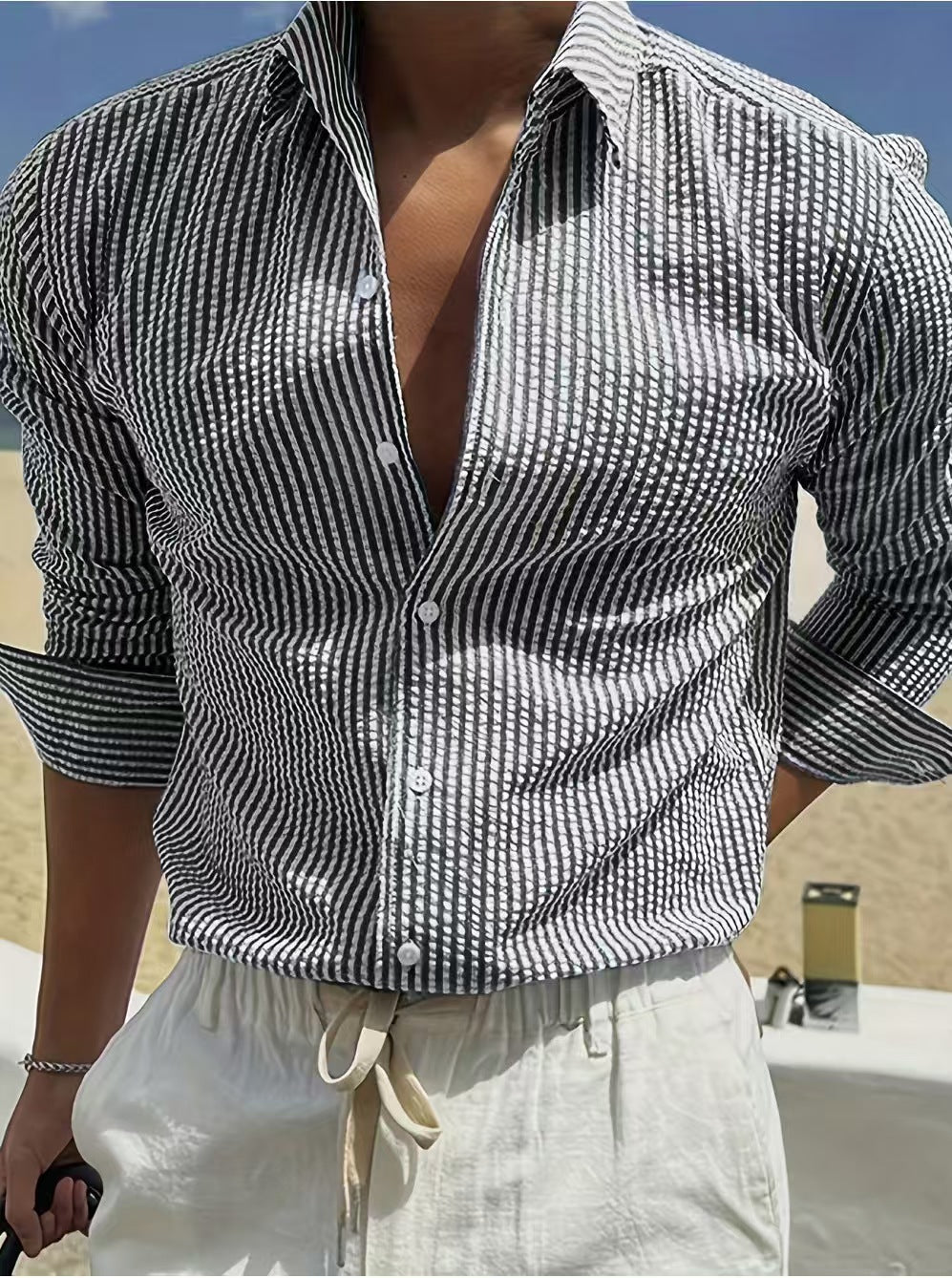 KZZ Men's Striped Print Long Sleeve Shirt, Casual Comfy Top