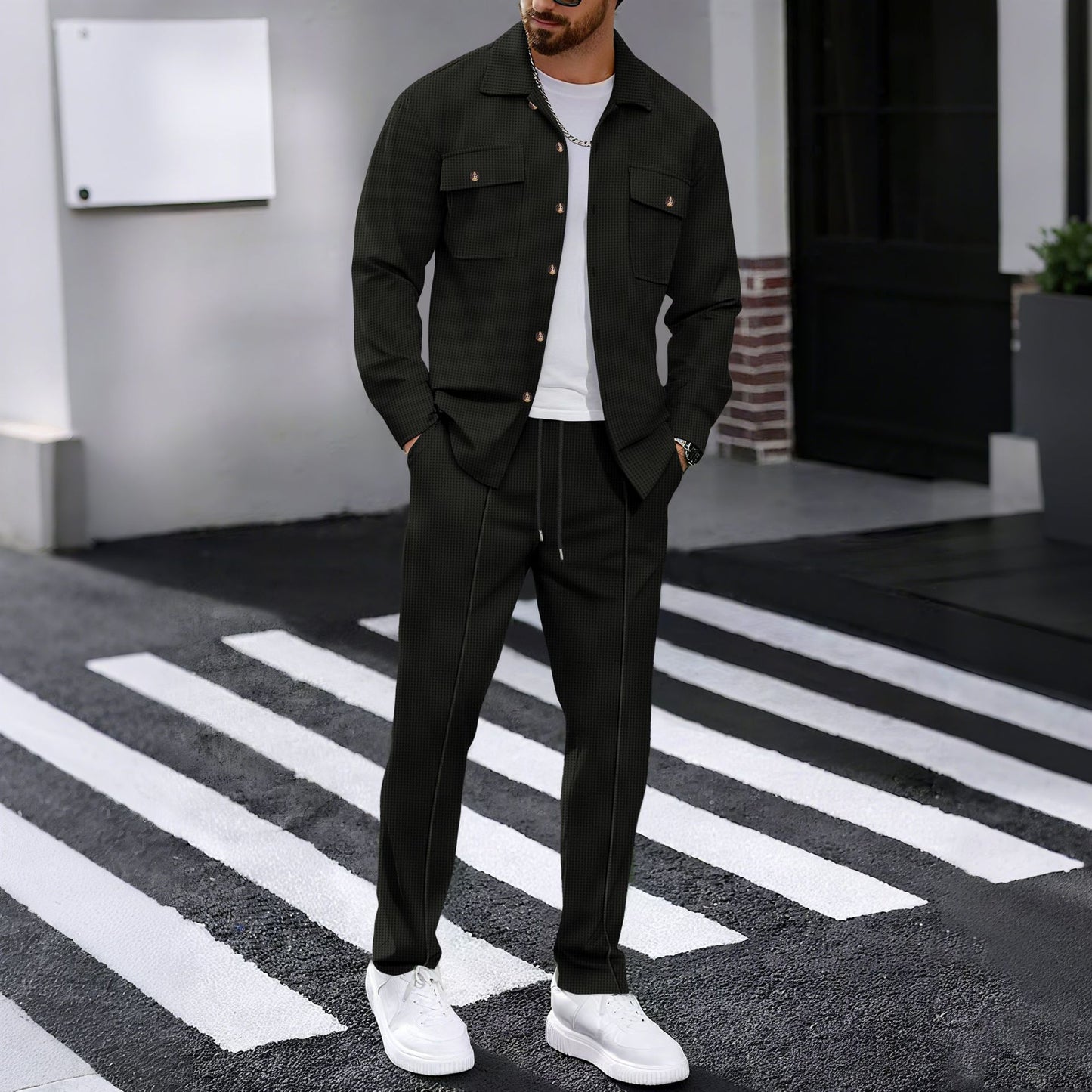 KZZ Men's Long Sleeve Shirt & Drawstring Pants Set