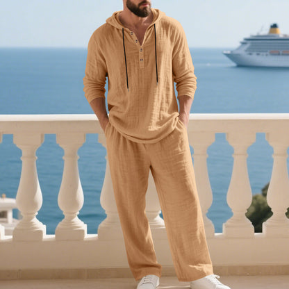 KZZ Men's Trendy Linen Hooded Two-Piece Set, Loose Fit Breathable Fabric, Hoodie & Wide-Leg Pants