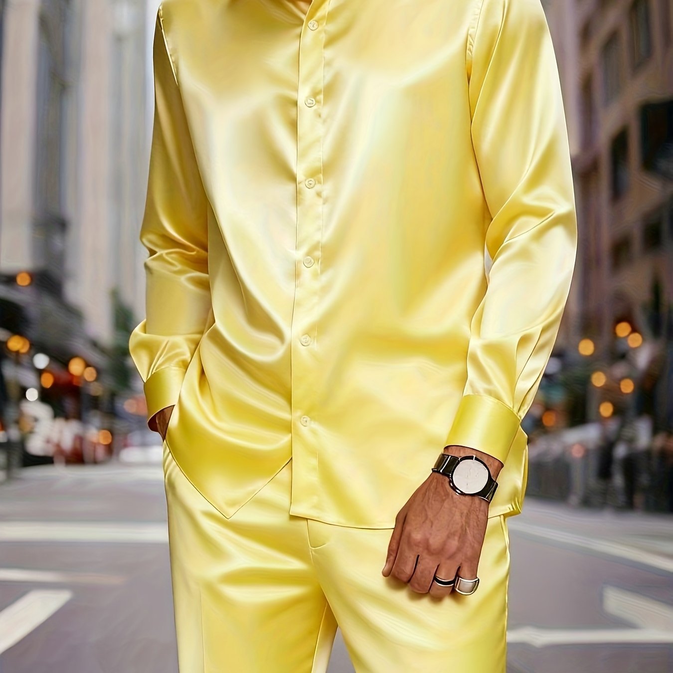 KZZ Men's Milk Silk Stand Collar Long Sleeve Button-Up Shirt Set