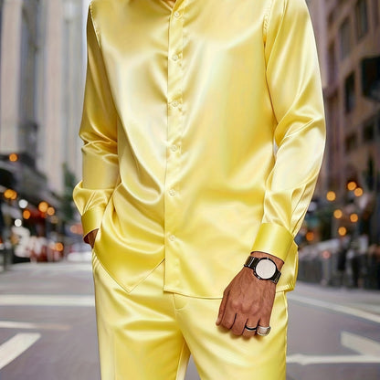 KZZ Men's Milk Silk Stand Collar Long Sleeve Button-Up Shirt Set