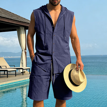 KZZ Loose-Fit, Breathable Linen Summer Set: Hooded Sleeveless Shirt & Cargo Shorts