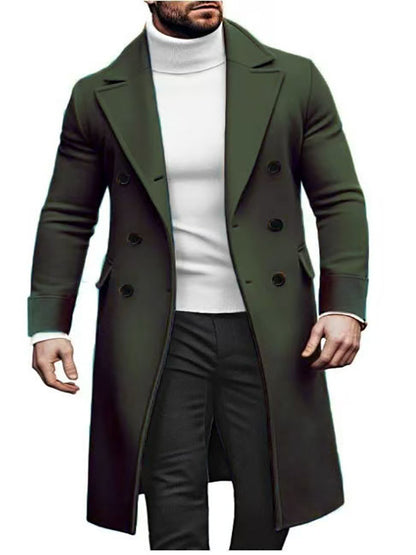 KZZ Men's Notch Lapel Double Breasted Long Trench Coat