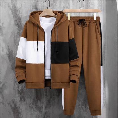 KZZ Men's clothing, two-piece contrasting long sleeved zipper hooded jacket and drawstring pants