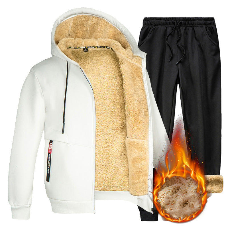 KZZ Two-piece Set Men's Solid Zip Up Hooded Jacket & Drawstring Waist Pants Set