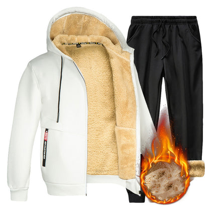 KZZ Two-piece Set Men's Solid Zip Up Hooded Jacket & Drawstring Waist Pants Set