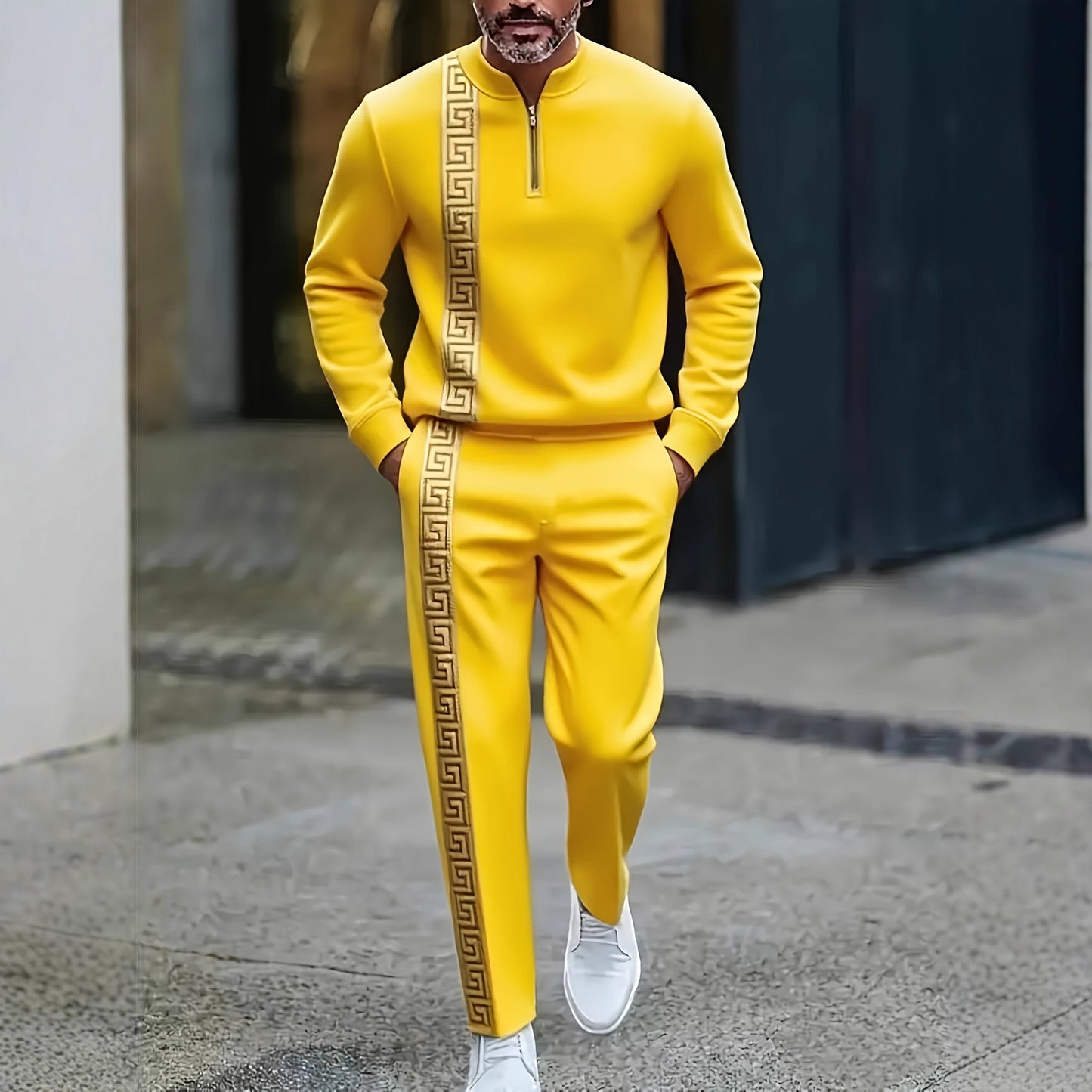 KZZ Men's fashion casual zipper stand up collar long sleeved pants set