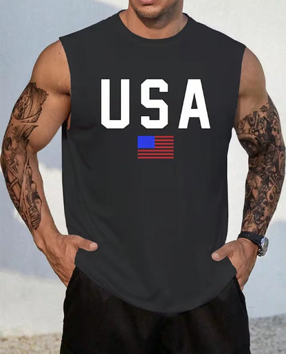 KZZ Men's Letter & Flag Print Round Neck Shirt