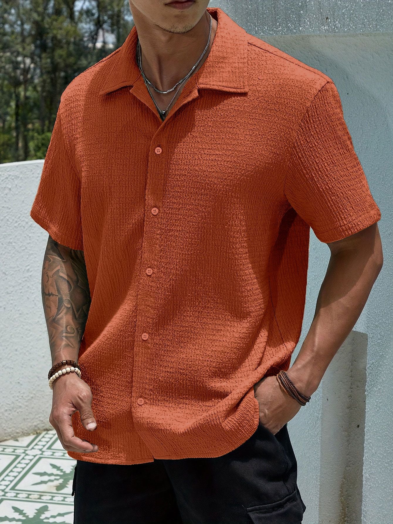KZZ Men's Casual Button Down Textured Button Front Shirt