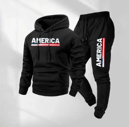 KZZ Men's America Letter Printed Hoodie and Drawstring Sweatpants Set