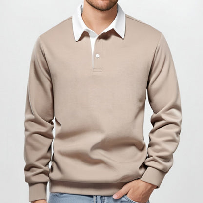 KZZ Men's Loose Fit Colorblock Collar Long Sleeve Polo Shirt