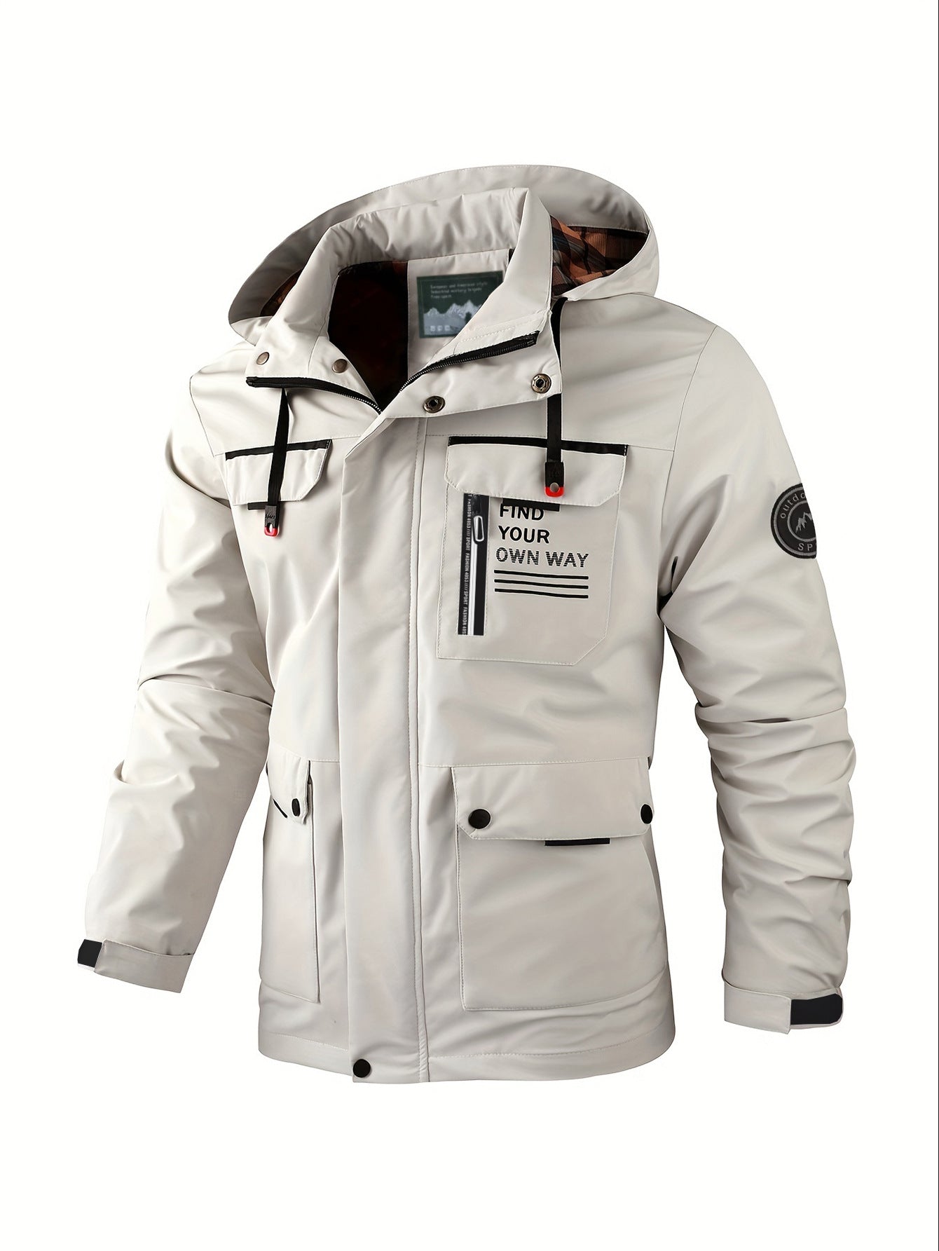 KZZ Men's letter-printed button pocket zipper hooded waterproof jacket